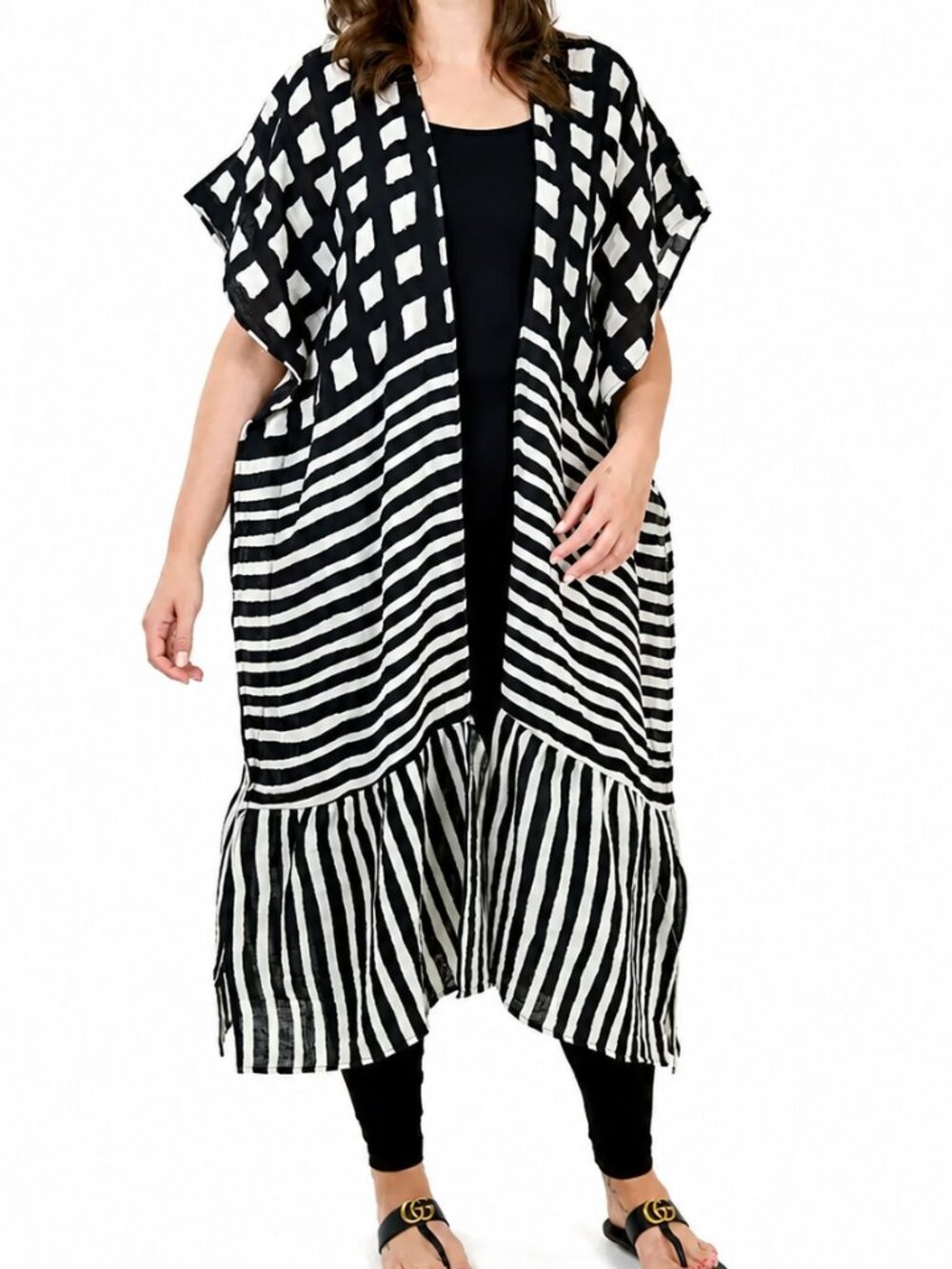 SHANNON PASSERO Shyla Kimono Black Ivory OS Cotton Open Front Duster Boho Beach
